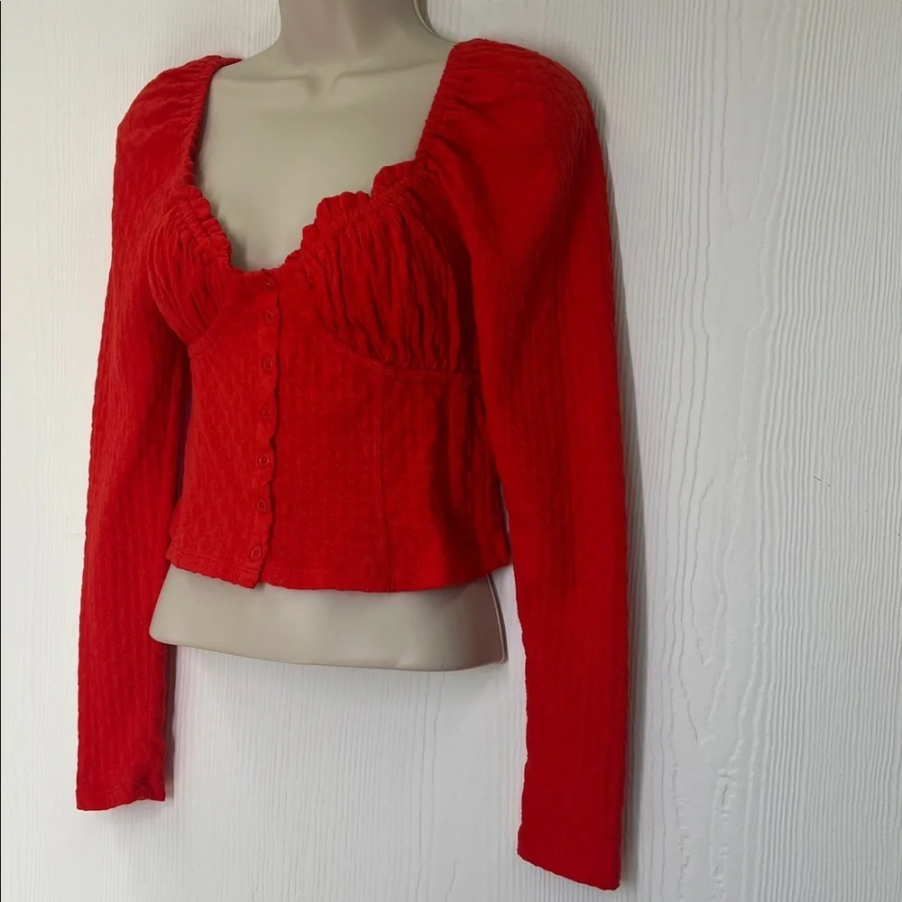 Free People - Ladybug Red Button Sweetheart Neckline Long Sleeve Crop Top SZ S